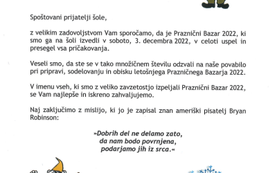 Zahvala ob izvedbi Prazničnega Bazarja 2022